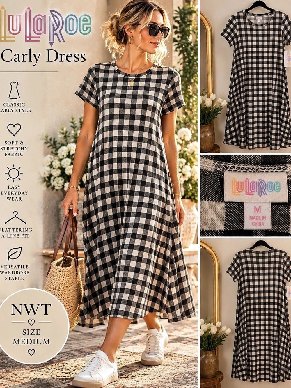 Lularoe Carly Dress Gingham Midi Dress in Black & White Size Medium NWT
